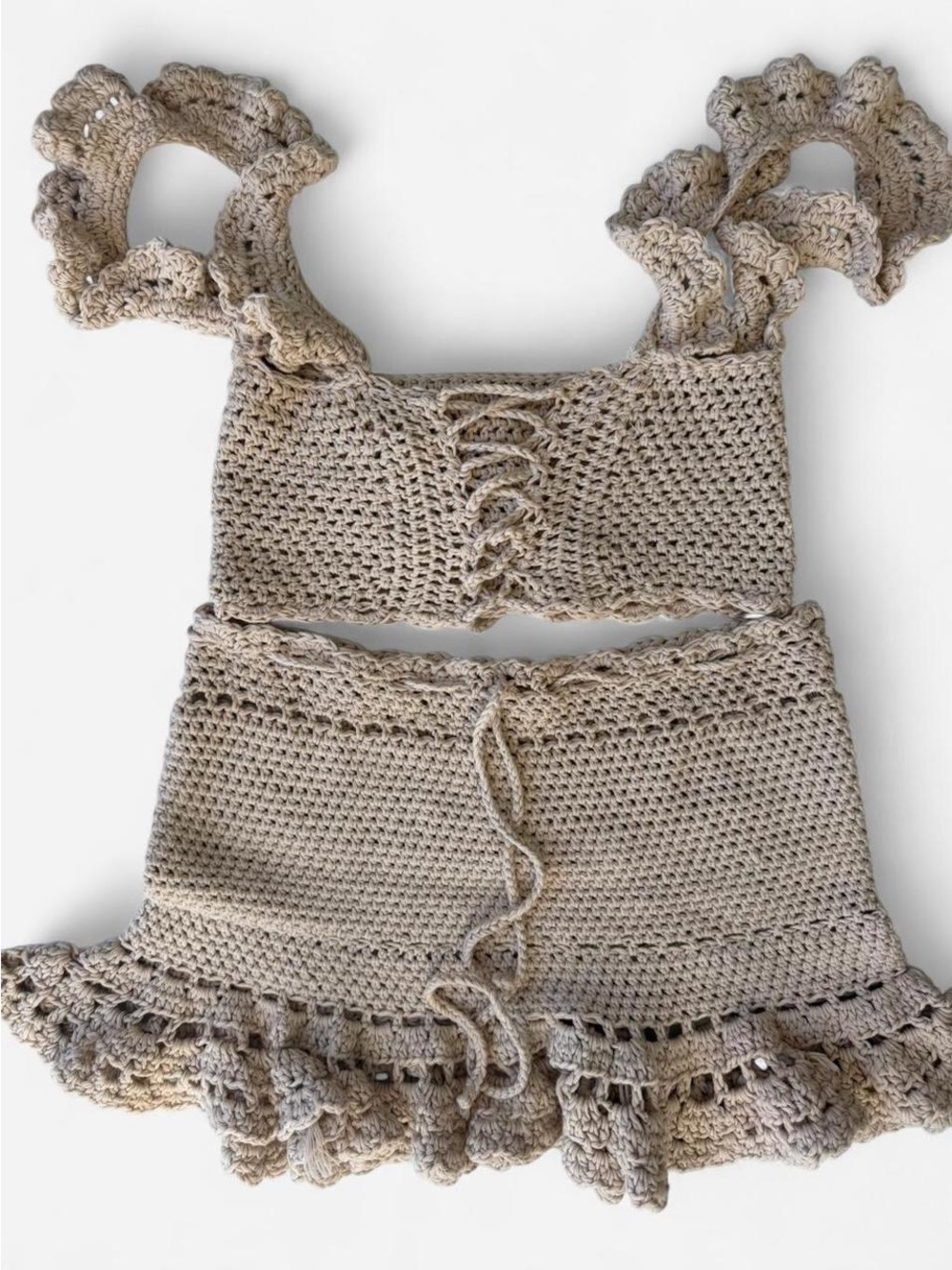 Handmade Crochet Ruffle Skirt Set in Beige